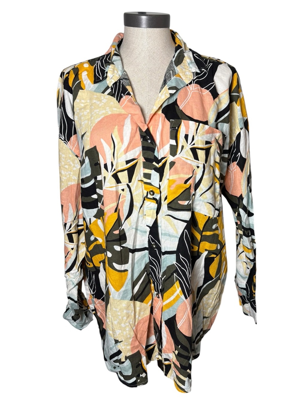 Calia Large Linen Blend Tropical Abstract Button Down Shirt Vacation Resort
